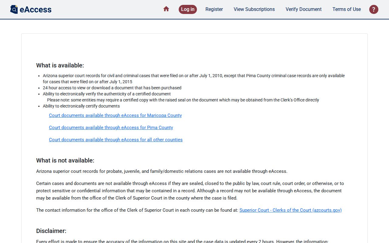 Maricopa County docket search eAccess application