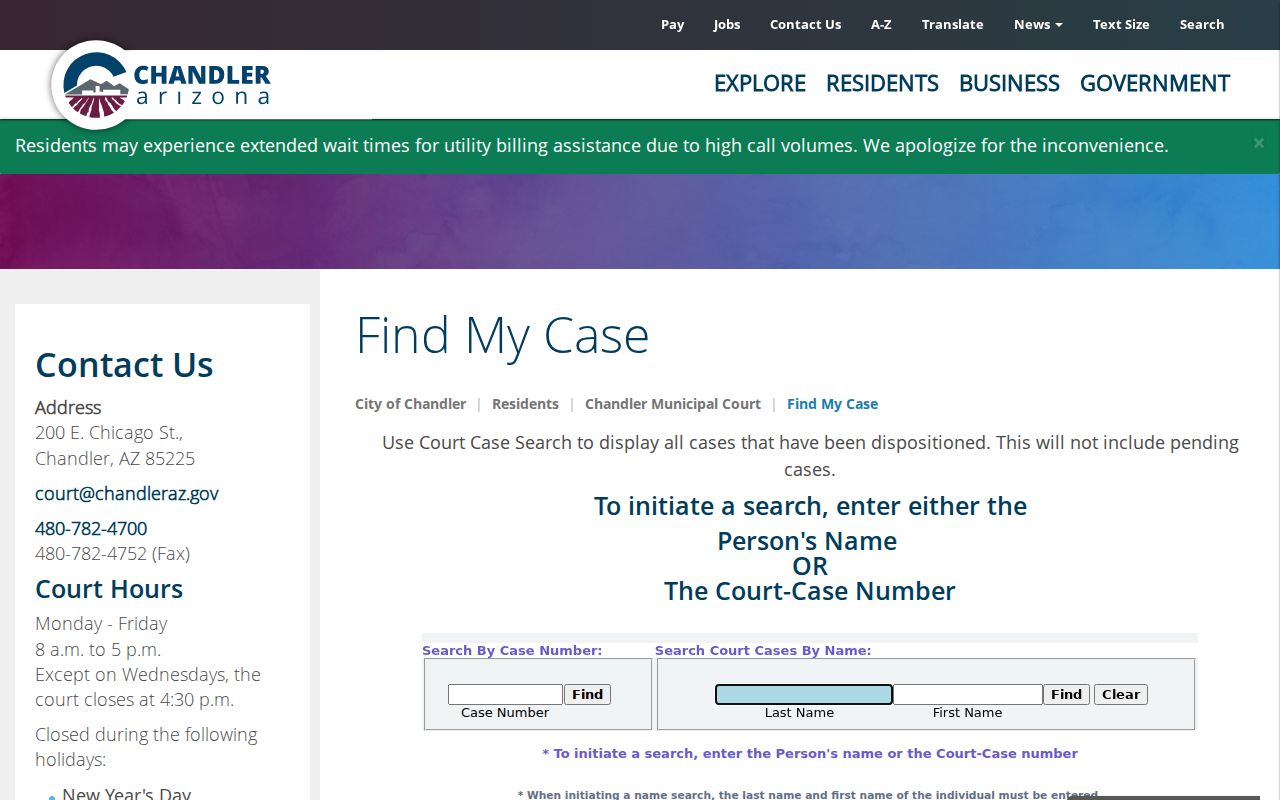 Chandler court records Find My Case routing page