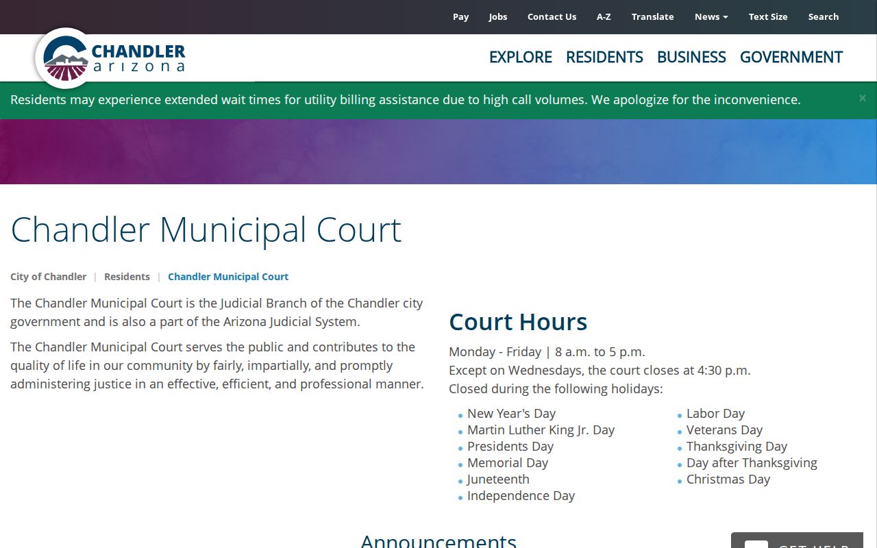 Chandler court records and Municipal Court service page