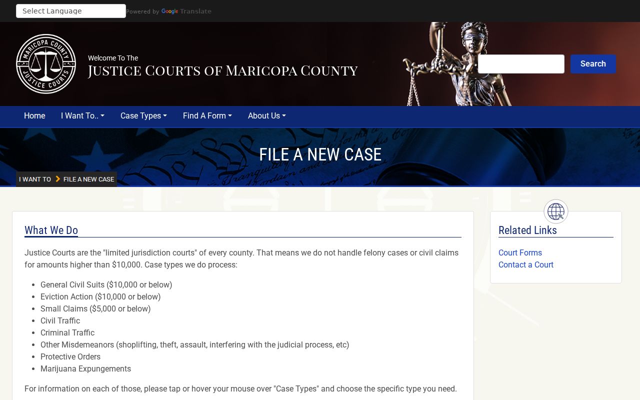 Maricopa County civil court docket Justice Court filing page