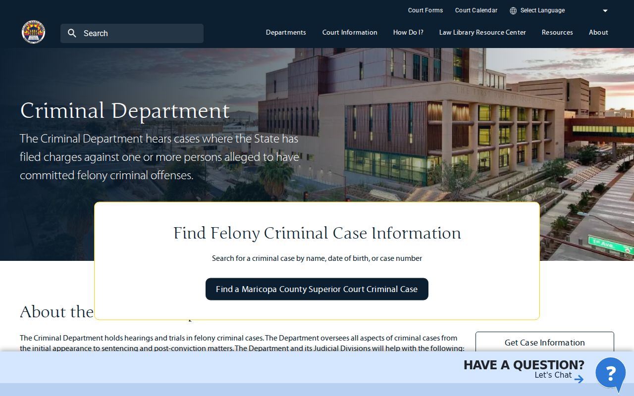 Maricopa County criminal court docket Criminal Department page