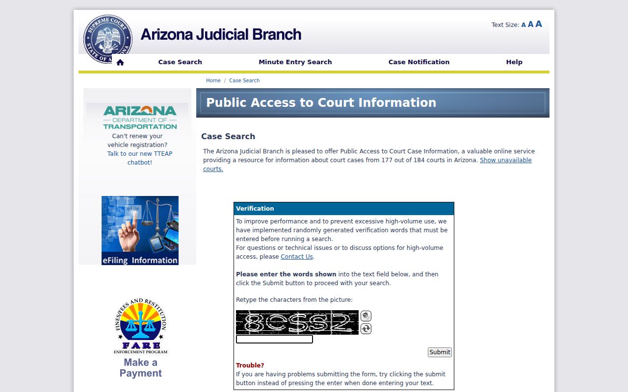 Arizona Public Access search for Maricopa County court dockets