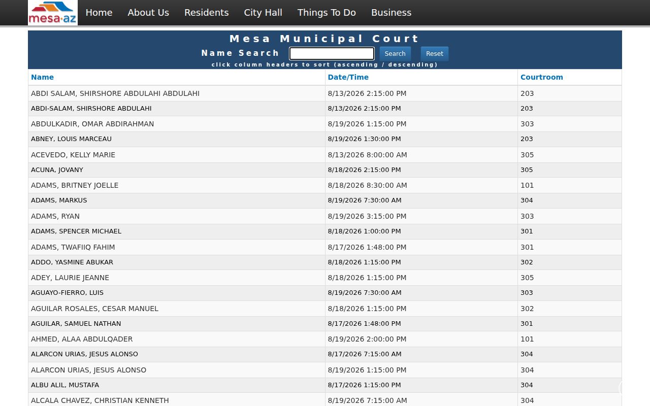Mesa court records calendar search by name and courtroom