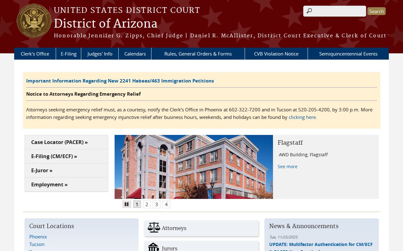 Phoenix court records District of Arizona federal court page