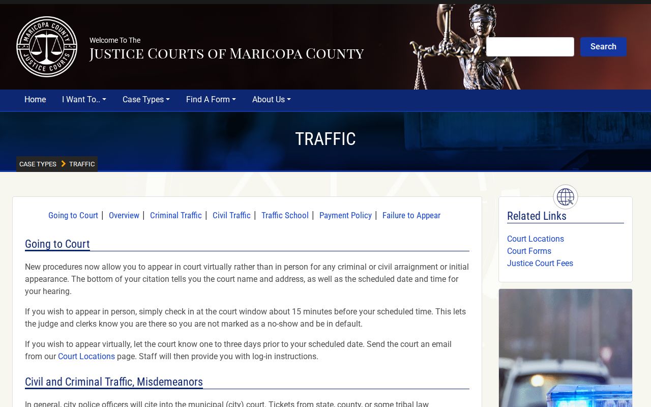 Maricopa County traffic court records on the Justice Court traffic page