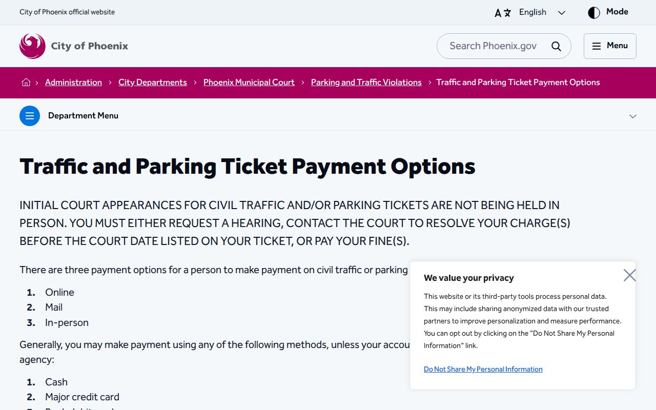 Maricopa County traffic court payment options from Phoenix Municipal Court
